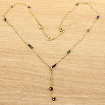 Natural Pyrite beaded necklace, Y Shape necklace for women, Brass with 22k gold plated jewelry